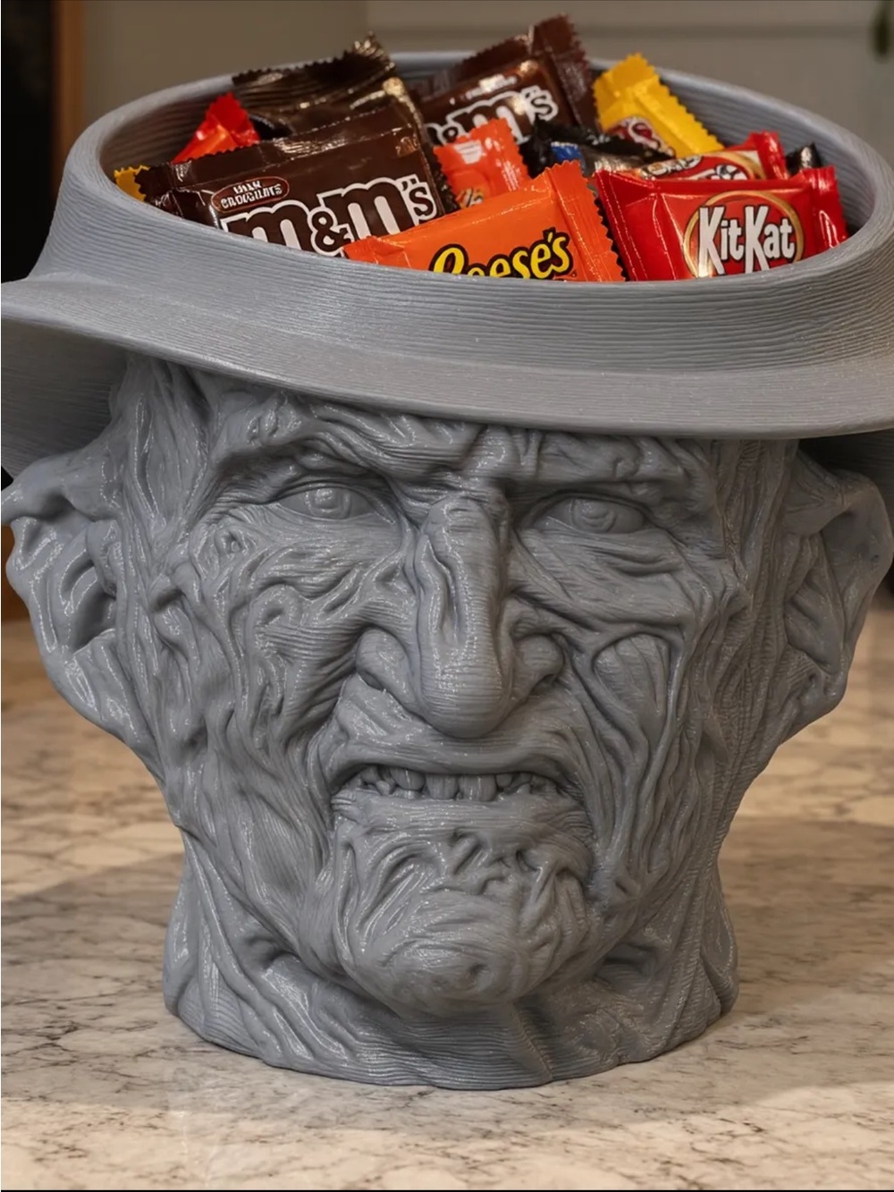 Gray FREDDIE KRUGER Horror Head Candy Bowl - Decorative Halloween Treat Holder